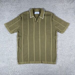 Free Planet Polo Shirt Mens Large Ribbed Knit Short Sleeve Green Johnny Collar